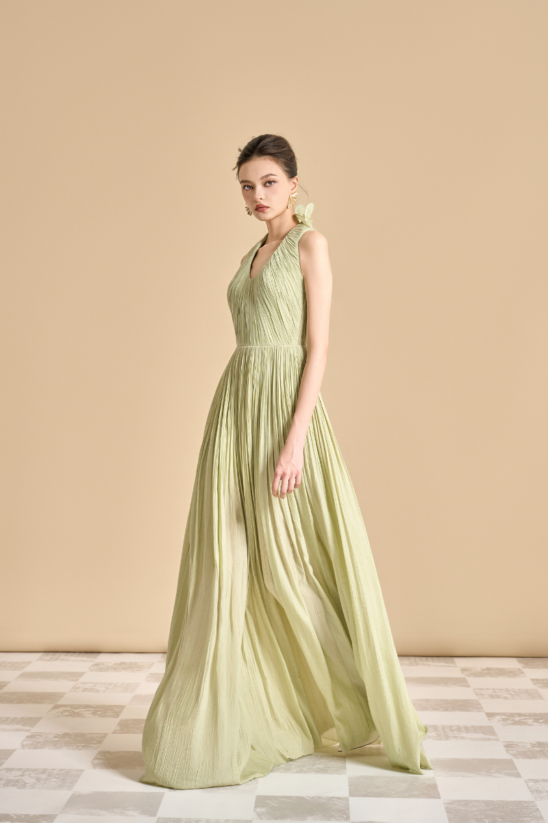 NASIR GATHERED SCOOP NECK TENCEL FLOOR LENGTH DRESS - CULT MIA