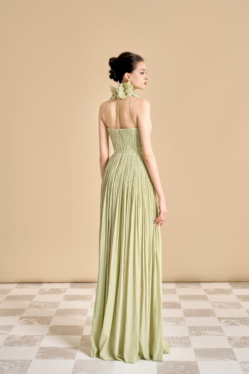 Maison Des Copains NASIR gathered scoop neck Tencel floor-length gown, elegant and flowy with a relaxed fit, shown in a full-length view.