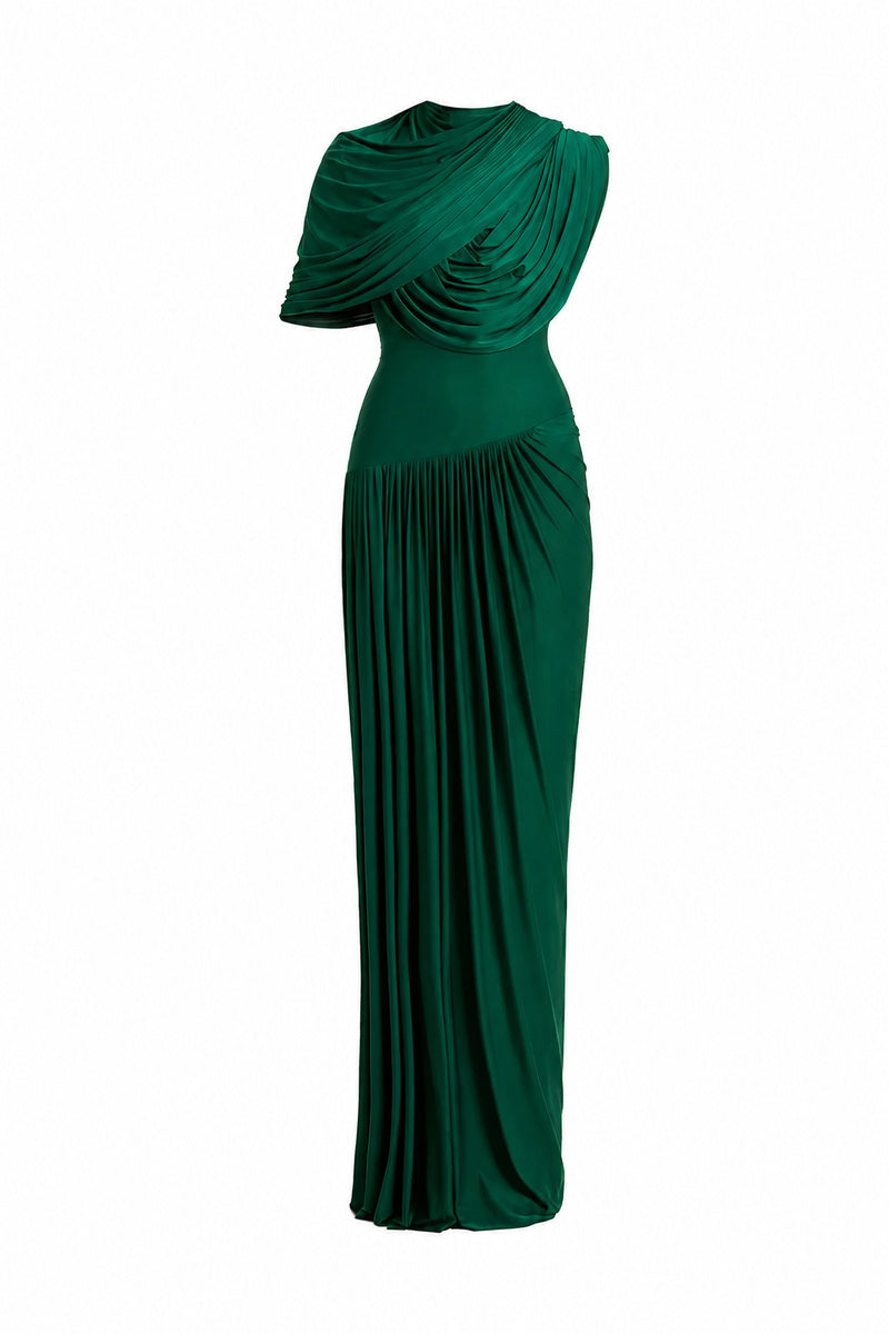 Deme By Gabriella Bloom draped maxi dress in flowing fabric, featuring a relaxed fit and elegant draped design.