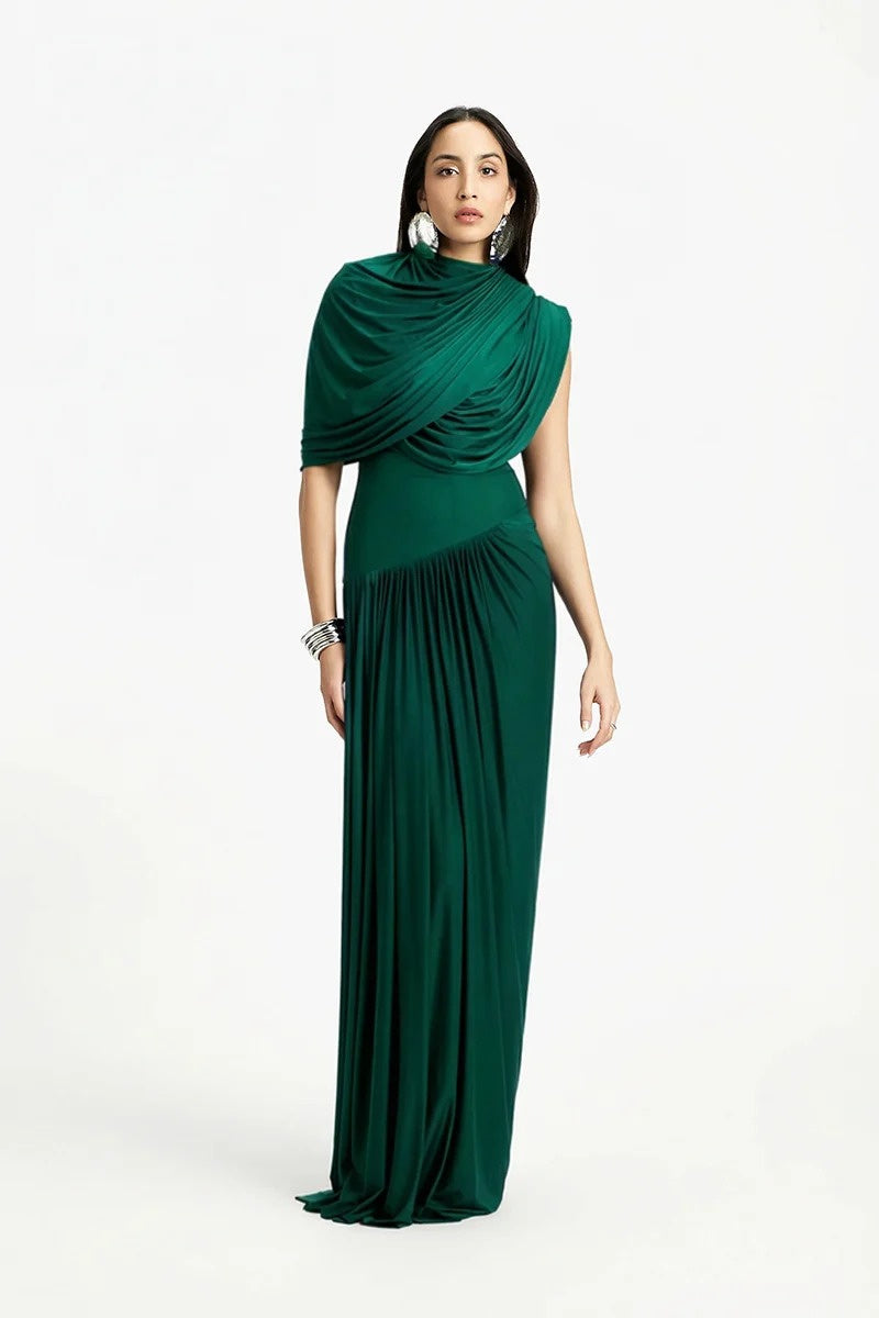 Deme By Gabriella Bloom Draped Maxi Dress featuring flowing fabric and elegant draping, full-length dress on a plain background