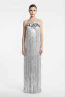 Alersundi Cult Mia X Melissa silver gown with elegant draping and intricate detailing, perfect for formal occasions.
