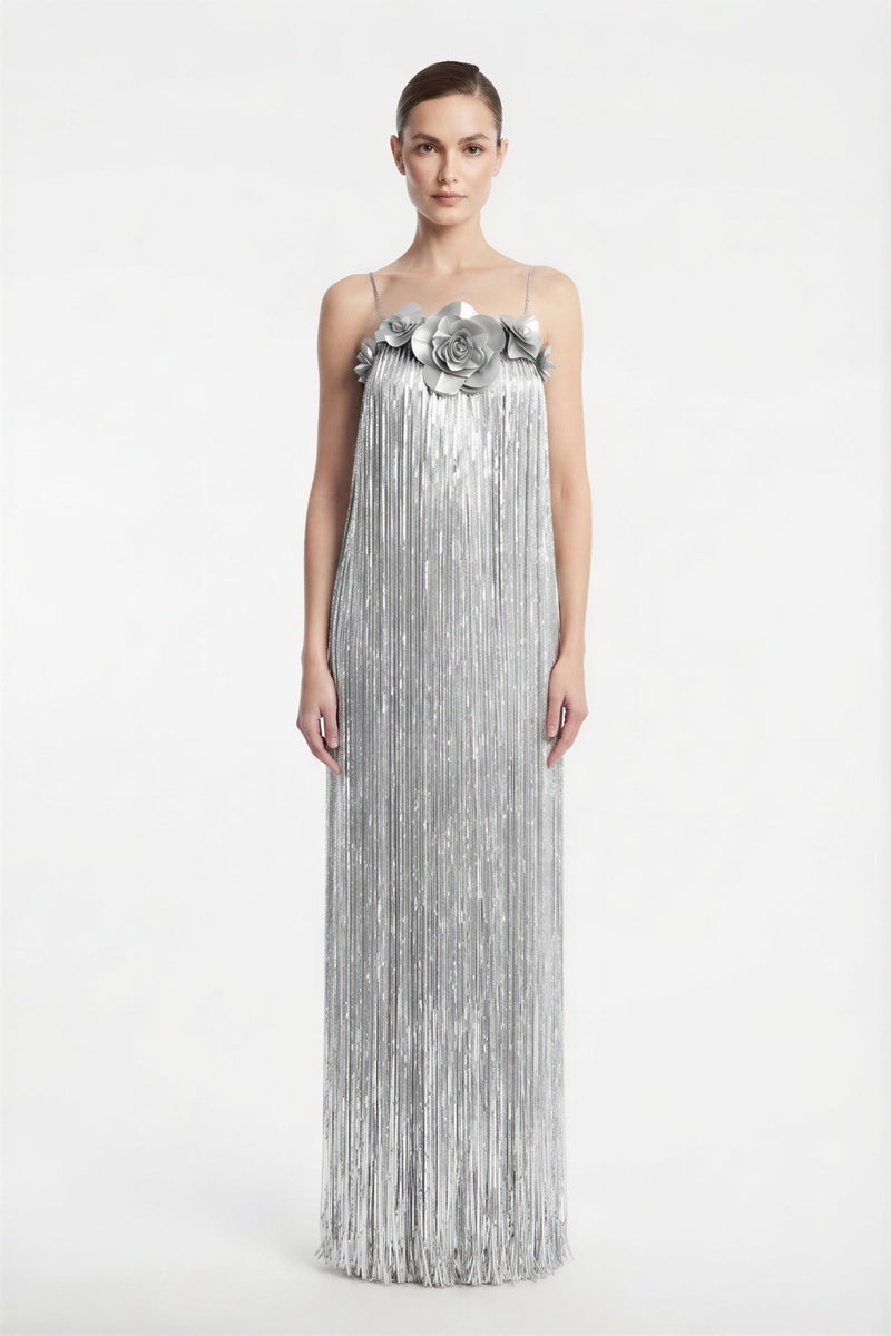 Alersundi Cult Mia X Melissa silver gown with elegant draping and intricate detailing, perfect for formal occasions.
