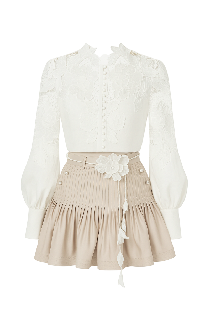 LAETITIA DROP WAIST PUFFY SLEEVED SILK LACE MINI SET