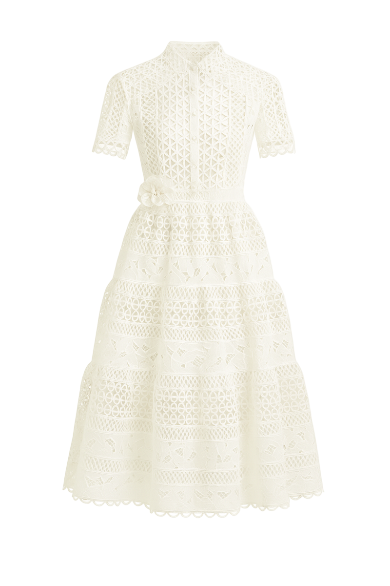 YASMINE A-LINE SHORT SLEEVED LACE MIDI DRESS