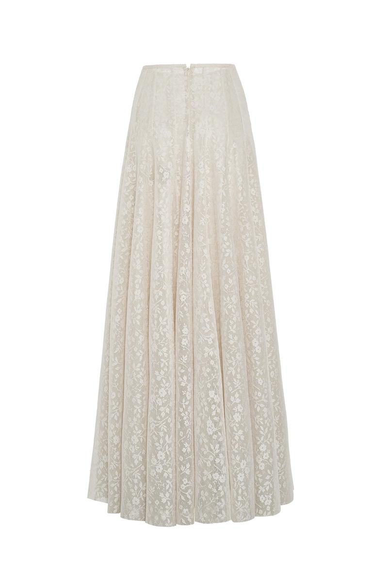 Maison Des Copains high waist lace A-line maxi skirt, floor-length with intricate lace details, flowing fabric, and elegant design.