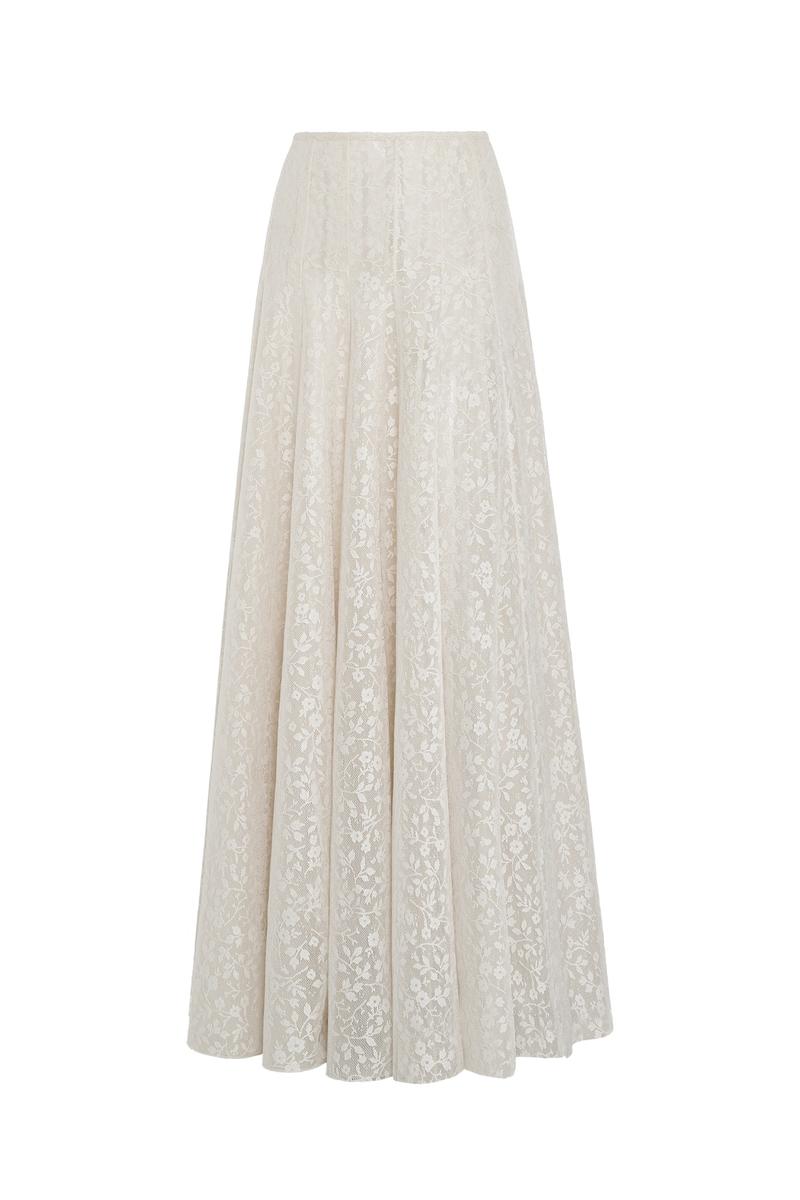 Maison Des Copains high waist lace A-line maxi skirt with floor-length design, showcasing elegant fabric and intricate lace details.