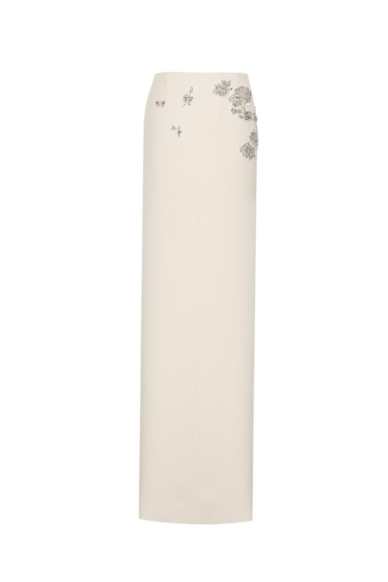 Maison Des Copains Vionne straight bead crepe floor-length maxi skirt displayed on a model. Elegant, flowing design perfect for formal wear.