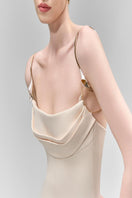 Maison Des Copains LIRIEN A-line cowl neck crepe gown, floor-length evening dress with elegant drape and sophisticated style.