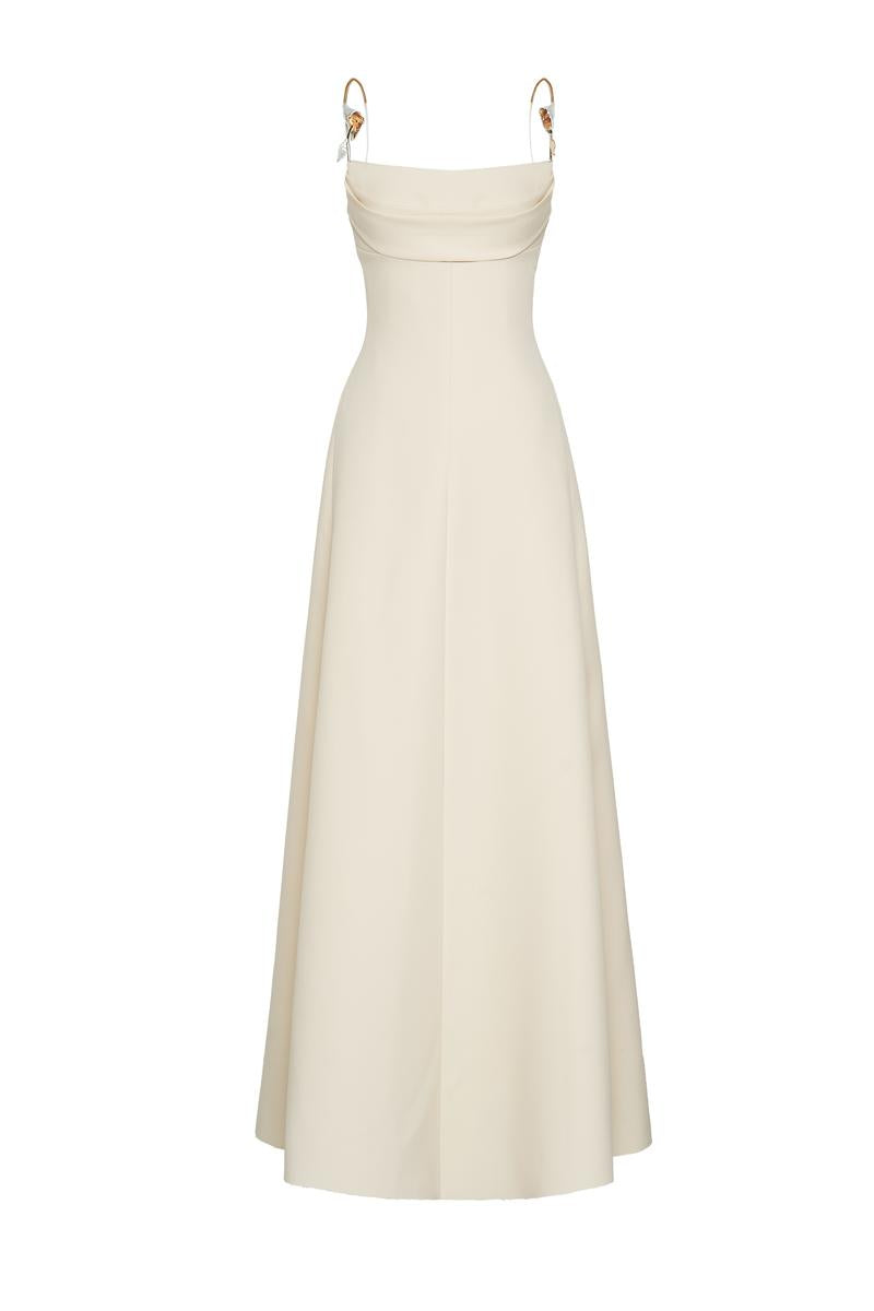 LIRIEN A-LINE COWL NECK CREPE FLOOR LENGTH DRESS