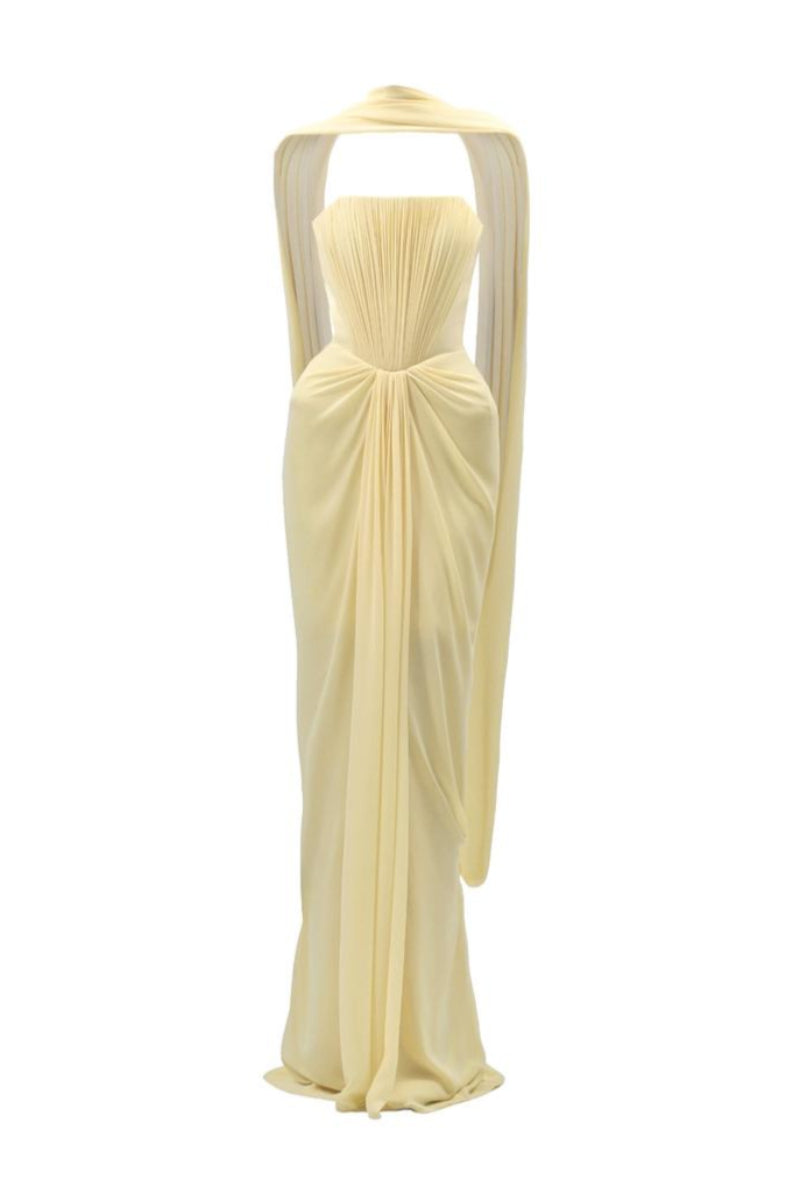 YELLOW MARIVELLE SHEATH SCARF NECK CHIFFON FLOOR LENGTH DRESS