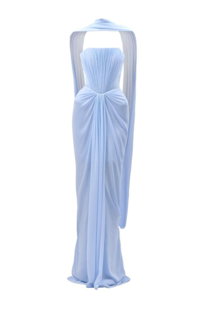 BLUE MARIVELLE SHEATH SCARF NECK CHIFFON FLOOR LENGTH DRESS