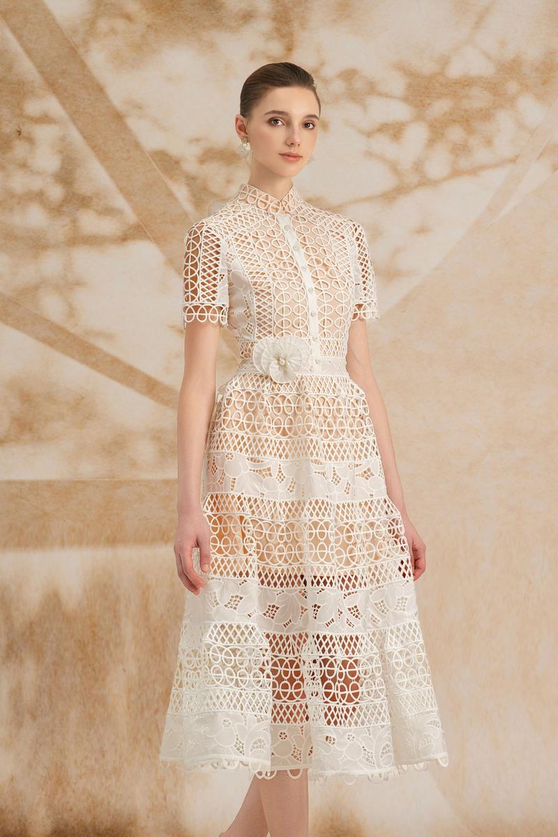 Rosee de Matin Yasmine A-line short-sleeved lace midi dress, elegant and feminine with intricate lace details and a flattering silhouette.