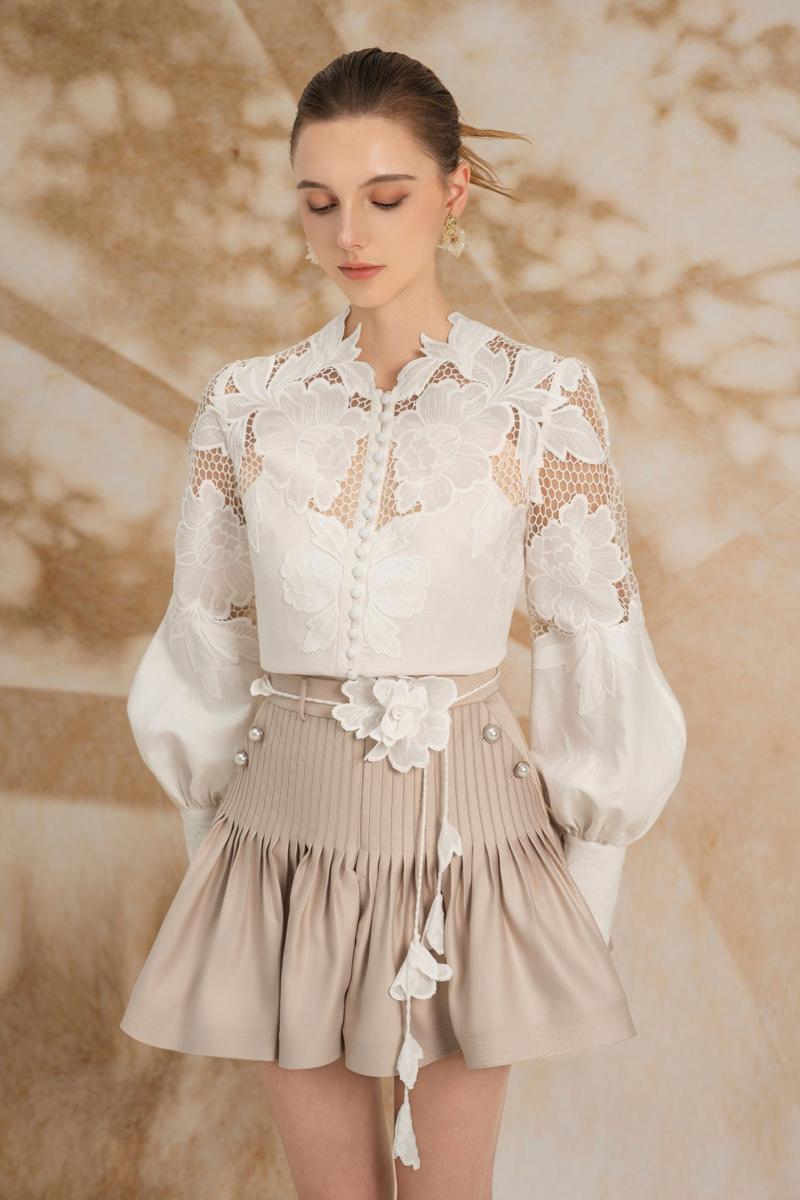 ROSEE DE MATIN Laetitia drop waist puffy sleeve silk lace mini co-ord set, stylish and elegant for special occasions.