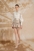 Rosee de Matin Laetitia drop waist co-ord set with puffy sleeves, silk lace mini top and matching shorts, stylish and elegant.