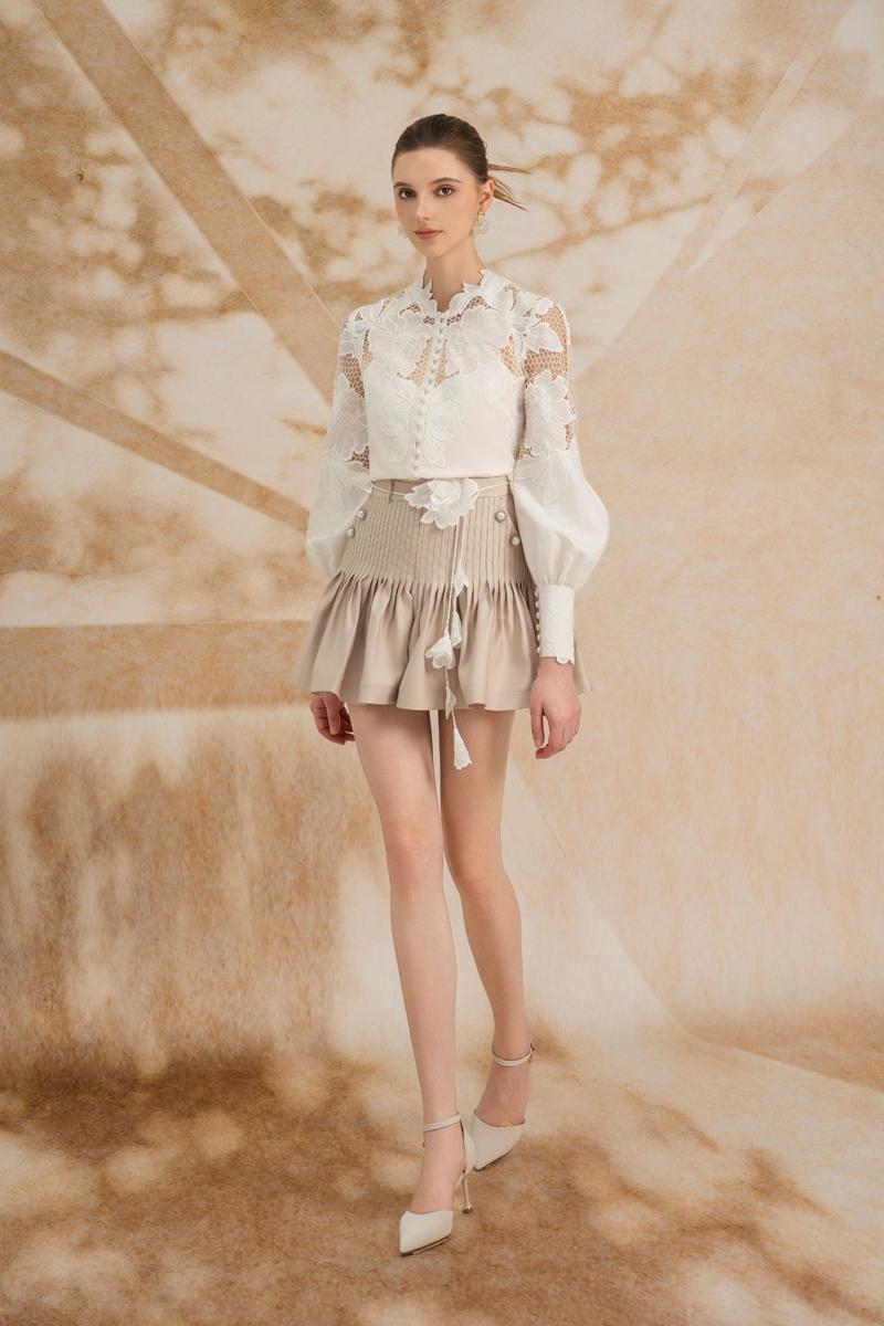 Rosee de Matin Laetitia drop waist co-ord set with puffy sleeves, silk lace mini top and matching shorts, stylish and elegant.