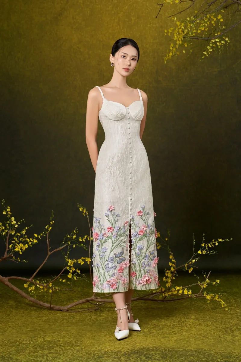 IVY A-LINE STRAPPY DAMASK MIDI DRESS
