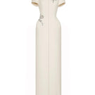 Maison Des Copains EIRLYS sheath puffy-sleeved crepe gown, floor-length dress with elegant design and structured silhouette.