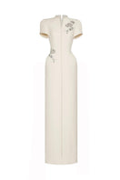 Maison Des Copains EIRLYS sheath puffy-sleeved crepe gown, floor-length dress with elegant design and structured silhouette.