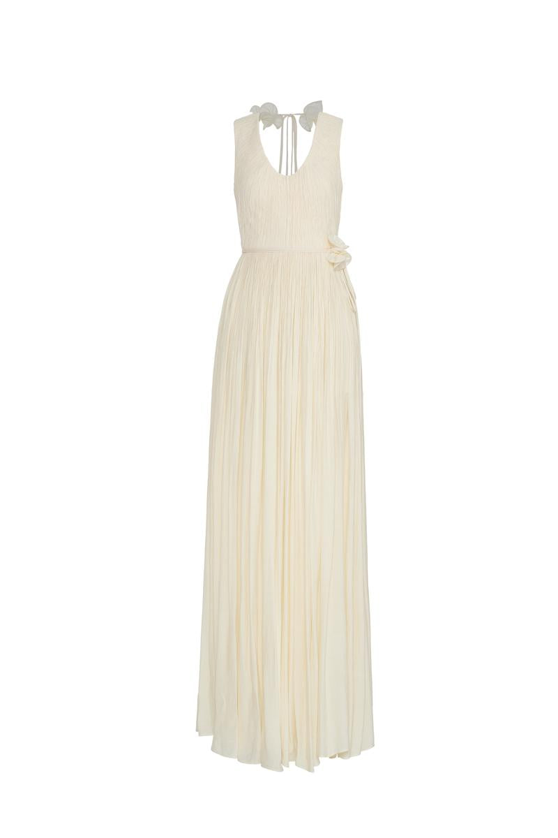 Maison Des Copains cream Tencel maxi dress with gathered scoop neck, floor-length design, elegant and flowing for stylish comfort.