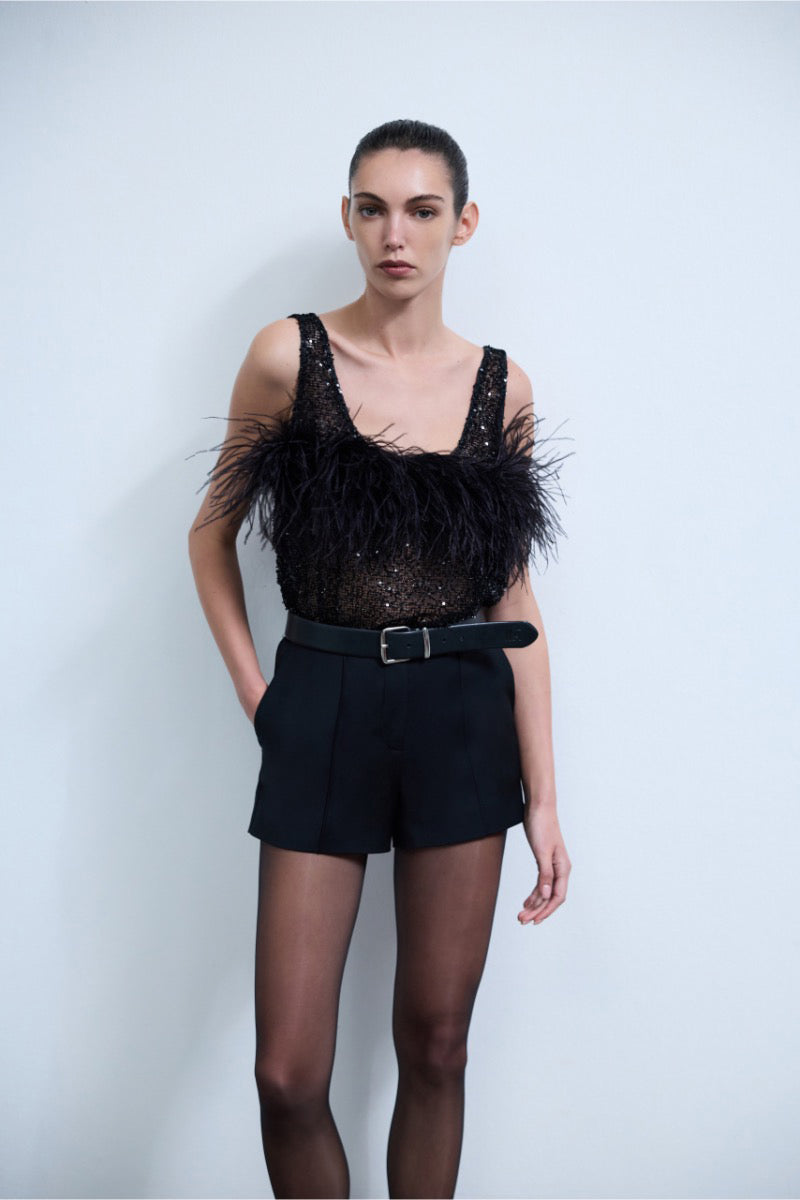 REVE OSTRICH FEATHER DETAILED SEQUIN TOP
