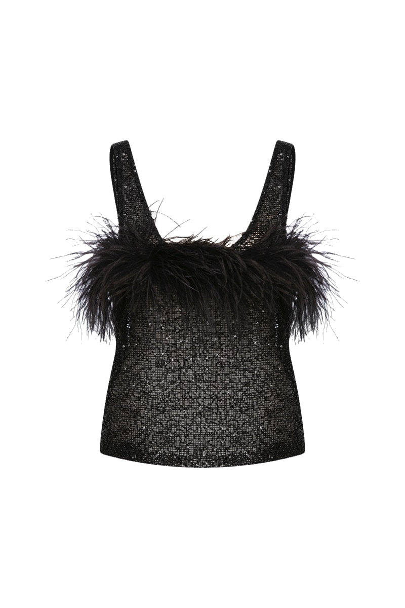 REVE OSTRICH FEATHER DETAILED SEQUIN TOP