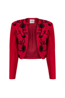 Red Señorita Rosalía jacket with stylish design, lightweight fabric, and tailored fit, perfect for casual or trendy outfits.