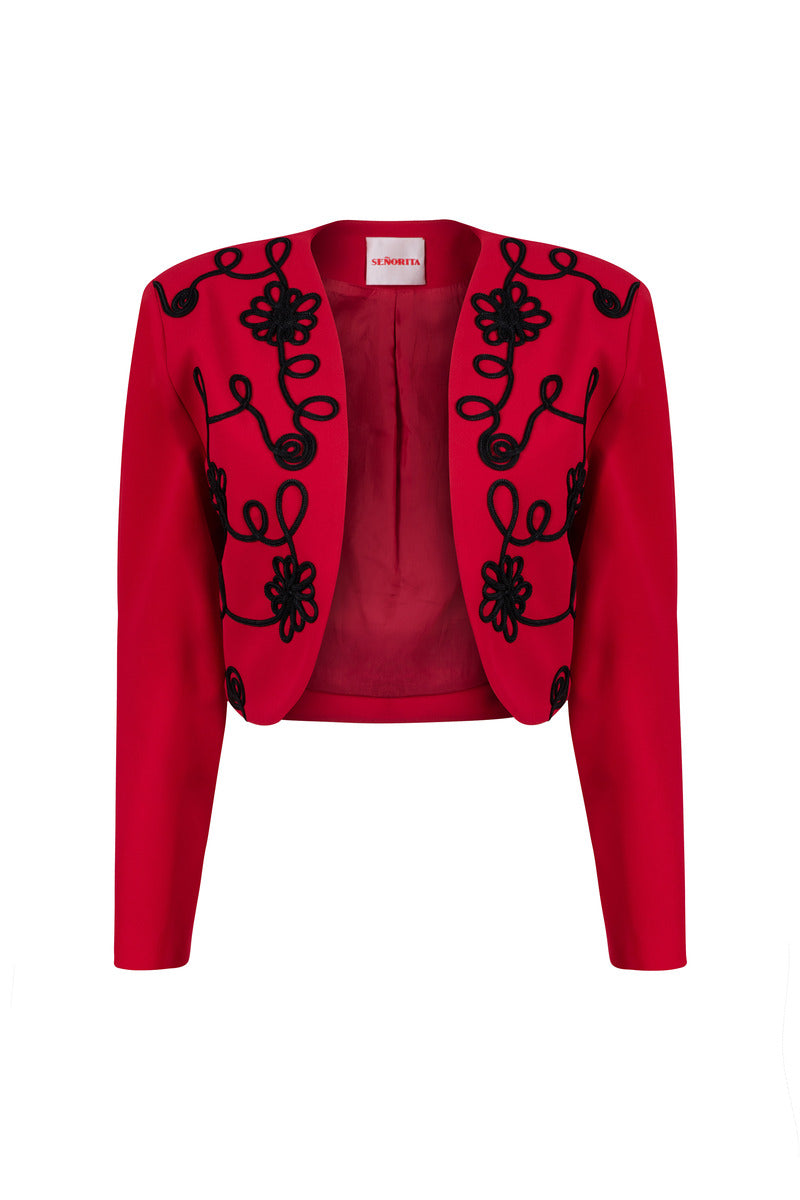 Red Señorita Rosalía jacket with stylish design, lightweight fabric, and tailored fit, perfect for casual or trendy outfits.