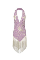 Señorita Rosario lilac mini dress displayed on a mannequin, featuring a stylish and feminine design perfect for casual or semi-formal wear.