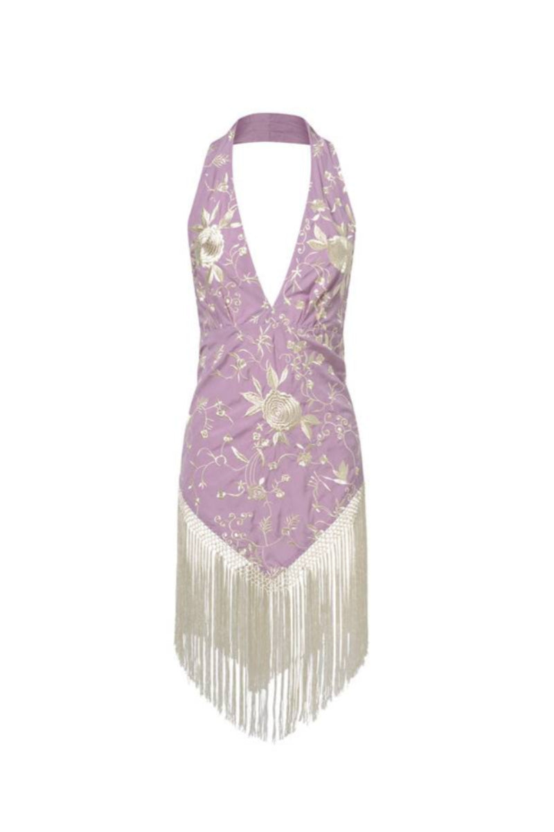 Señorita Rosario lilac mini dress displayed on a mannequin, featuring a stylish and feminine design perfect for casual or semi-formal wear.
