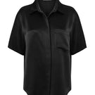 Black satin Rosa shirt by Izakova, showcasing a sleek, elegant shirt with smooth satin fabric and classic design.