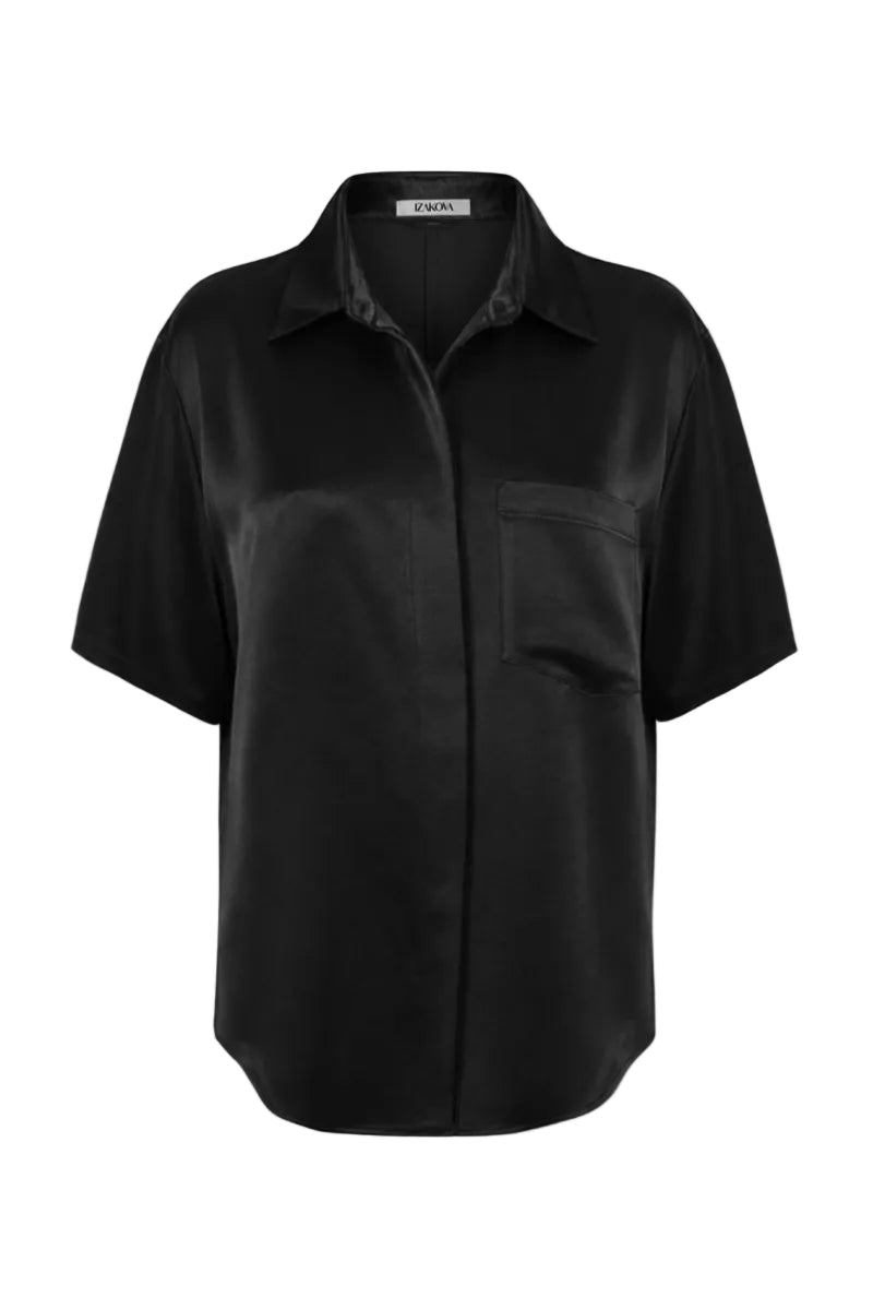 Black satin Rosa shirt by Izakova, featuring a sleek design with a smooth, shiny fabric perfect for stylish outfits.