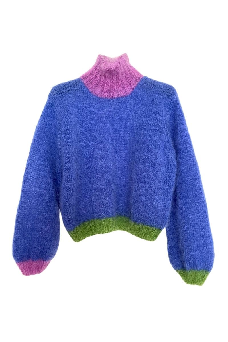 BLUE COLORBLOCK MOCK NECK MOHAIR SWEATER | Rose Carmine | CULT MIA