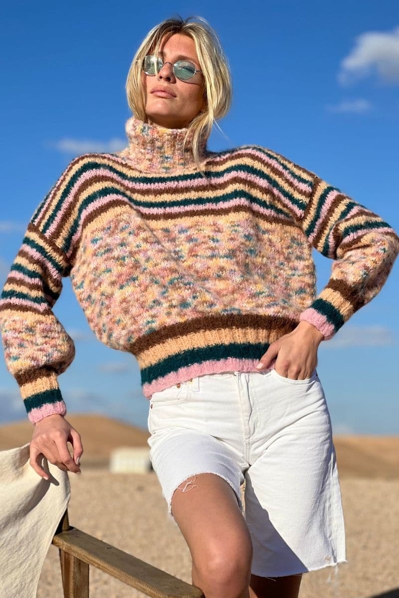CHOCO DOUDOU STRIPES MOCK NECK SWEATER | Rose Carmine | CULT MIA