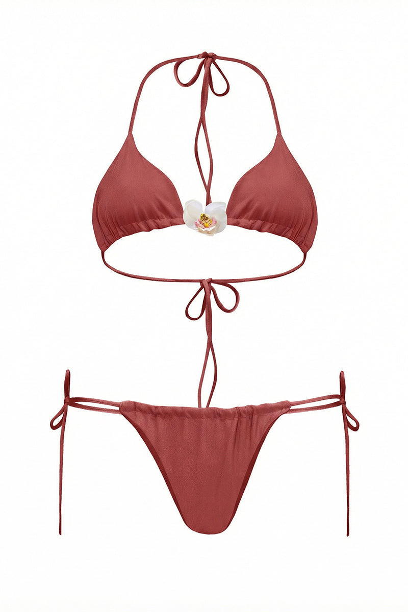 Pink orchid bikini in rosé by Laura Escobar, featuring a stylish bikini top and bottom with floral design and adjustable straps.