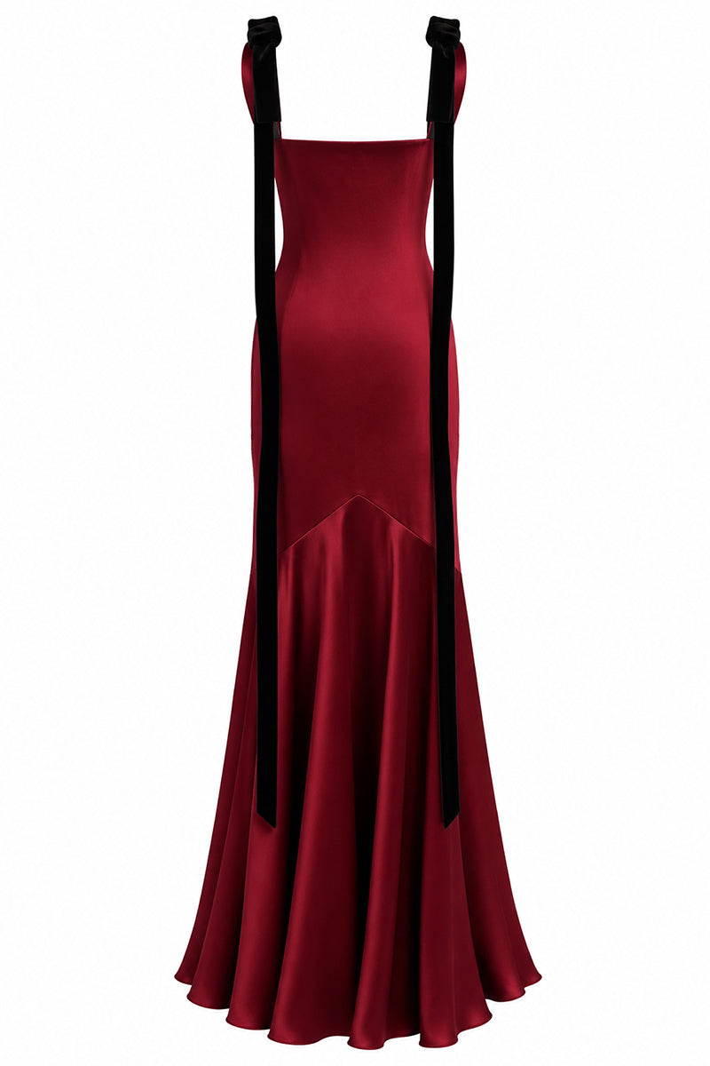 Urban Muse Rouvelle maxi gown in burgundy, elegant flowing dress with long sleeves and a fitted waist, perfect for formal occasions.