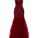 Red Potter Mermaid Jewel Neck Organza Gown by Happy Clothing, featuring a fitted bodice and flowing skirt for elegant occasion wear.