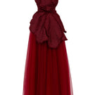 Elegant red floral tweed and organza gown by Happy Clothing, featuring intricate details and flowing fabric design.