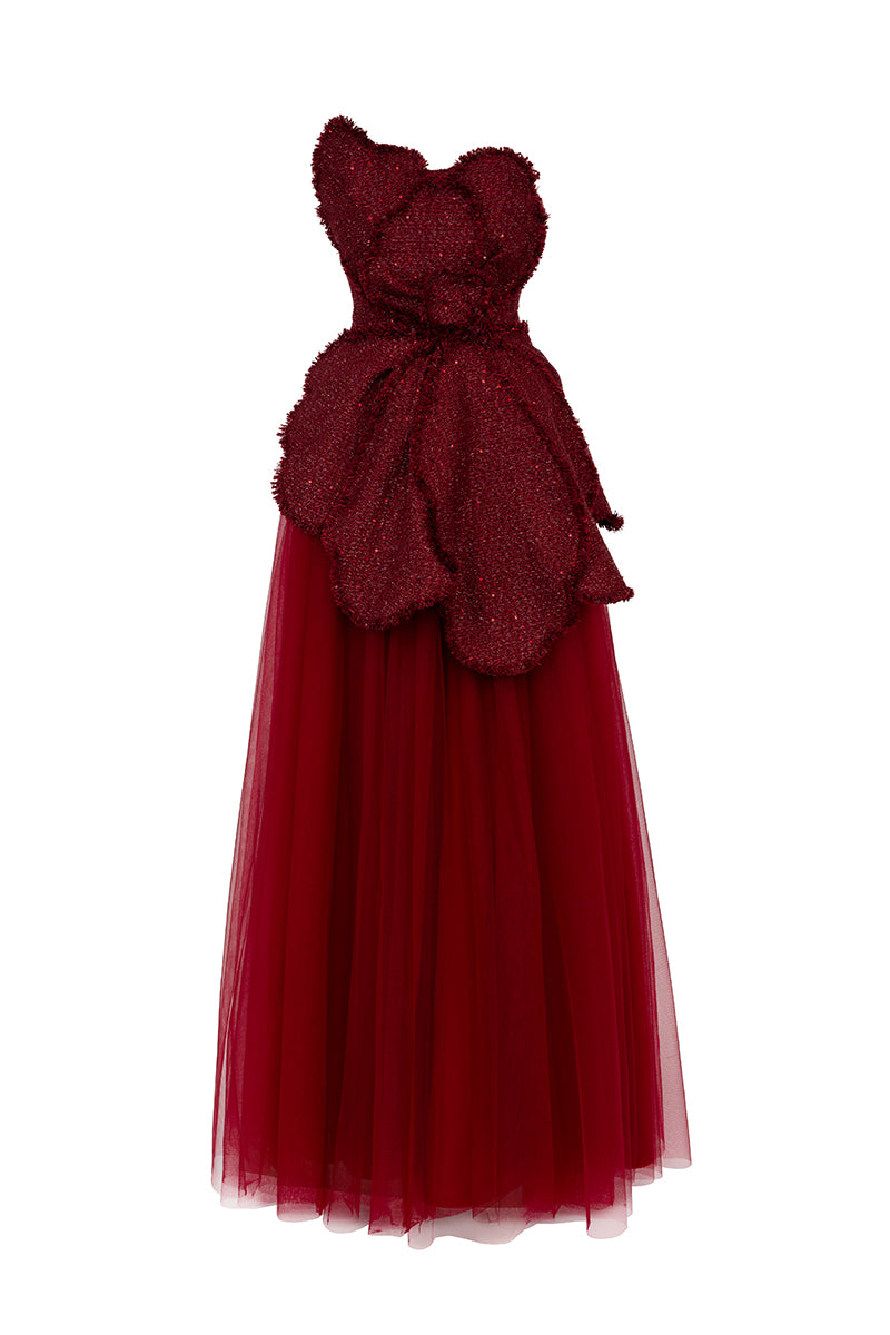 RED FLORAL TWEED AND ORGANZA MAXI DRESS - CULT MIA