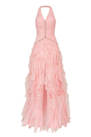 Elegant blush cascade halter gown by Happy Clothing with flowing fabric and stylish neckline, perfect for formal occasions.