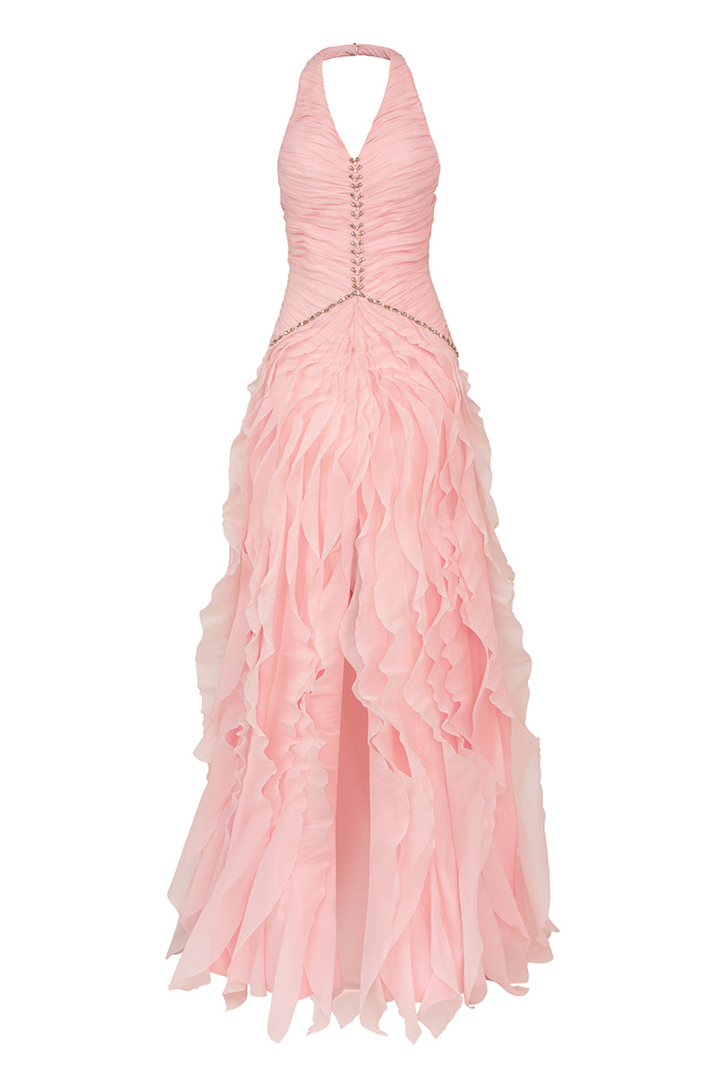 Elegant blush cascade halter gown by Happy Clothing with flowing fabric and stylish neckline, perfect for formal occasions.