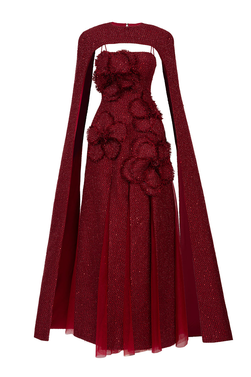 PRESTON CAPE TWEED PETAL MAXI DRESS IN RED | CULT MIA