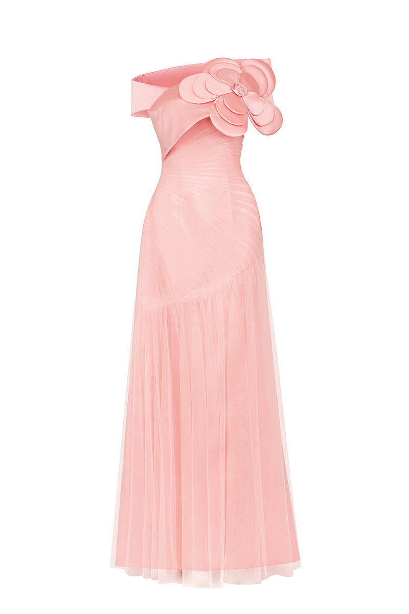 PINK ROSE ONE-SHOULDER FLOOR LENGTH DRESS - CULT MIA