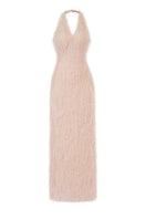 Elegant V-neck feather polyester floor-length gown by Happy Clothing, flowing design with feather details for formal occasions.
