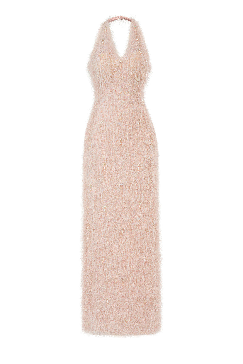 V-NECK FEATHER POLYESTER FLOOR LENGTH DRESS