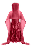 Red CULT MIA X HAPPY CLOTHING mermaid organza gown with flowing fabric and intricate details, perfect for elegant occasions.