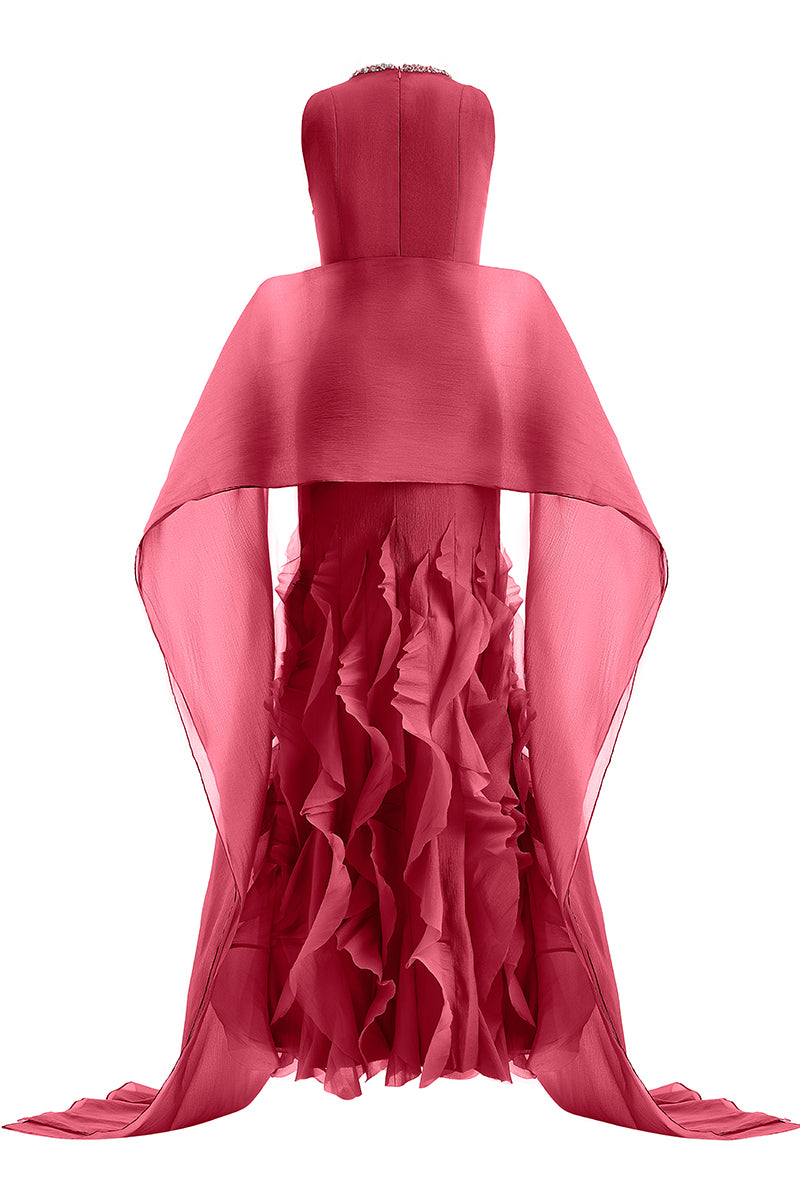 Red CULT MIA X HAPPY CLOTHING mermaid organza gown with flowing fabric and intricate details, perfect for elegant occasions.