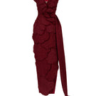 Red off-shoulder tweed petal maxi gown by Happy Clothing, featuring a flowing design with layered petal details.