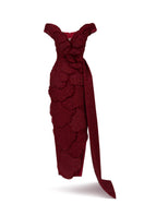 Red off-shoulder tweed petal maxi gown by Happy Clothing, featuring a flowing design with layered petal details.