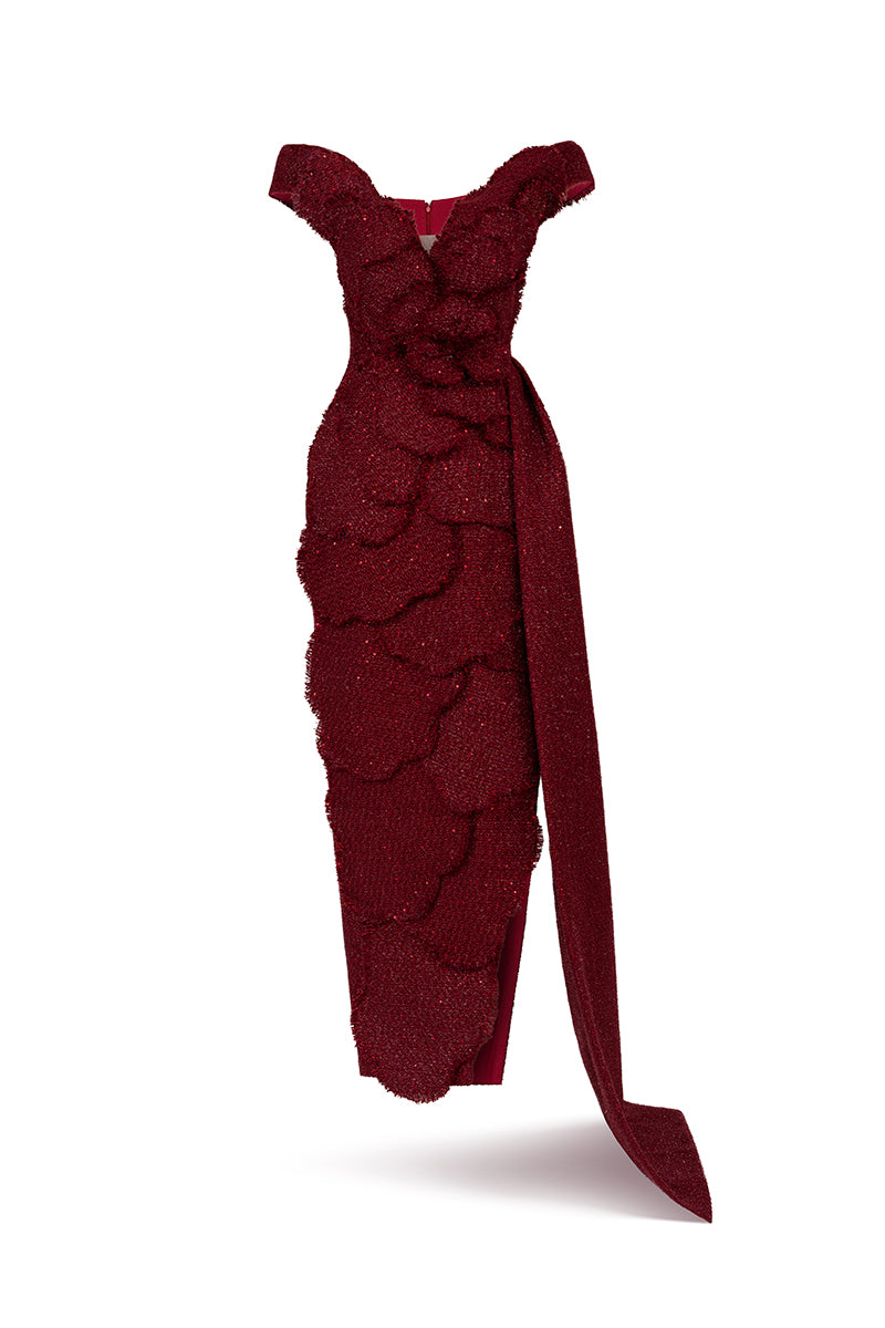 burgundy tweed dress OFF- SHOUDER PETAL MAXI IN RED | CULT MIA How to care for pearl white Size:09 Acler Broadhay Maxi Dress