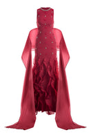 Red CULT MIA X HAPPY CLOTHING mermaid organza gown featuring intricate design and flowing fabric, perfect for elegant occasions.